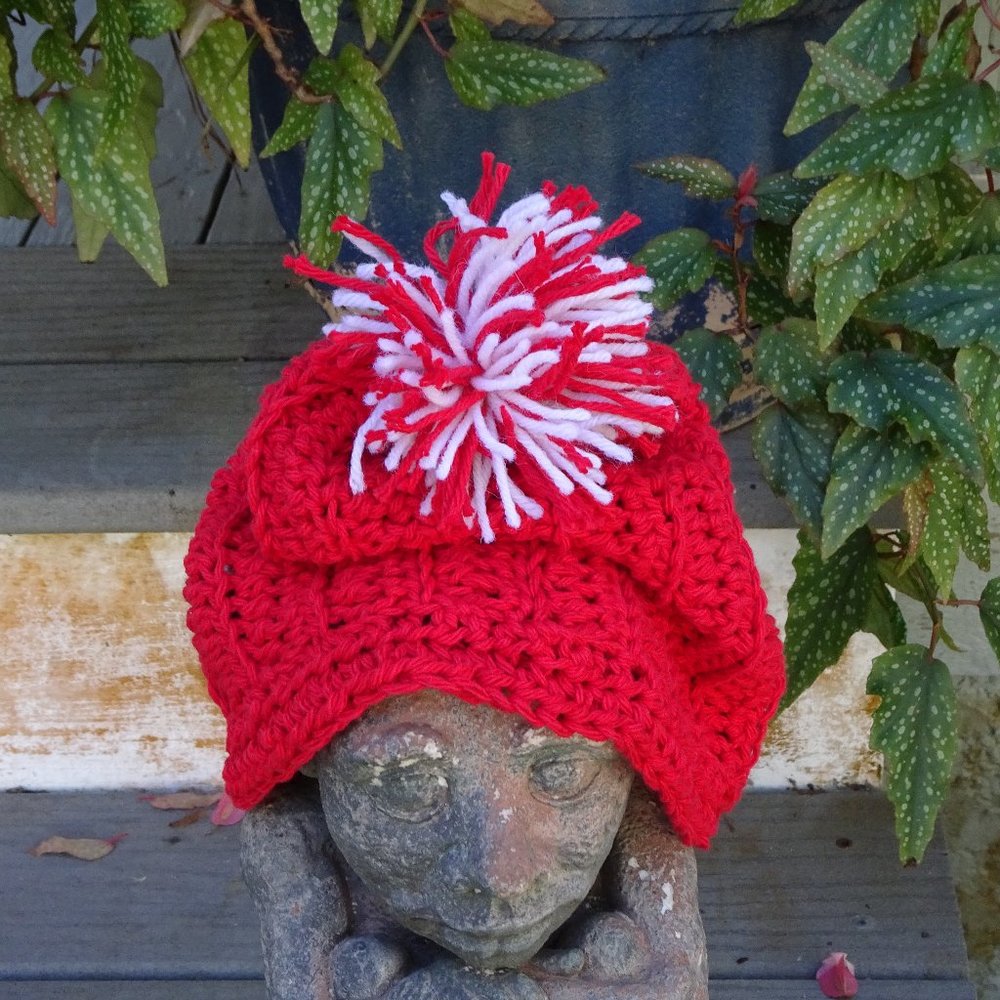 Handmade Red Slouch Hat with Pepperminty Pompom